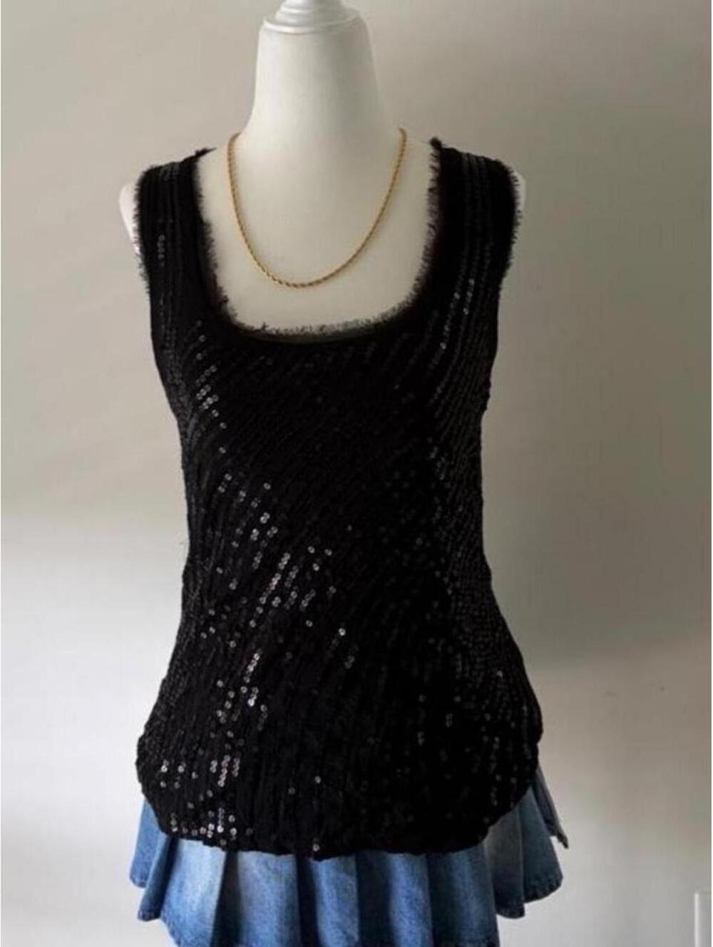 Y2K White House Black Market Black Sequin Tank Top | 2000s Glam Party Clubwear
